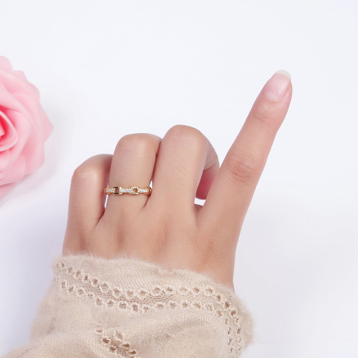 24K Gold Filled Micro Paved Cubic Zirconia Chain Link Adjustable Gold Ring | S-441