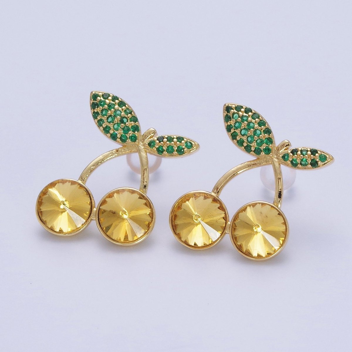 24K Gold Filled Micro Paved Cubic Zirconia Cherry Fruit Stud Earrings  P-411-P-413