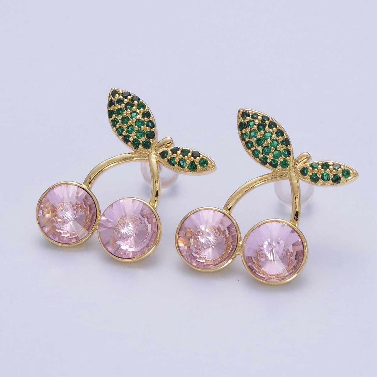 24K Gold Filled Micro Paved Cubic Zirconia Cherry Fruit Stud Earrings  P-411-P-413