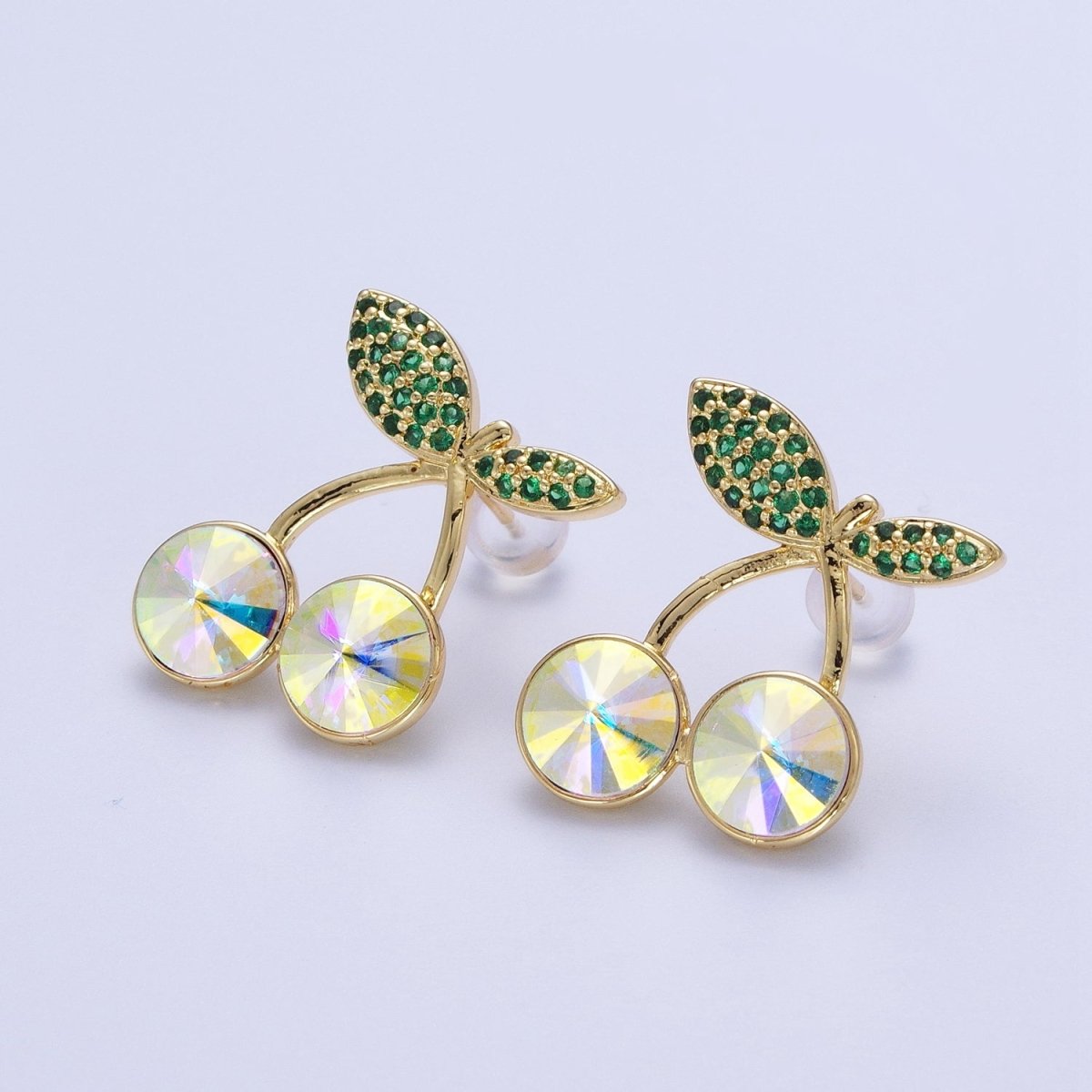 24K Gold Filled Micro Paved Cubic Zirconia Cherry Fruit Stud Earrings  P-411-P-413