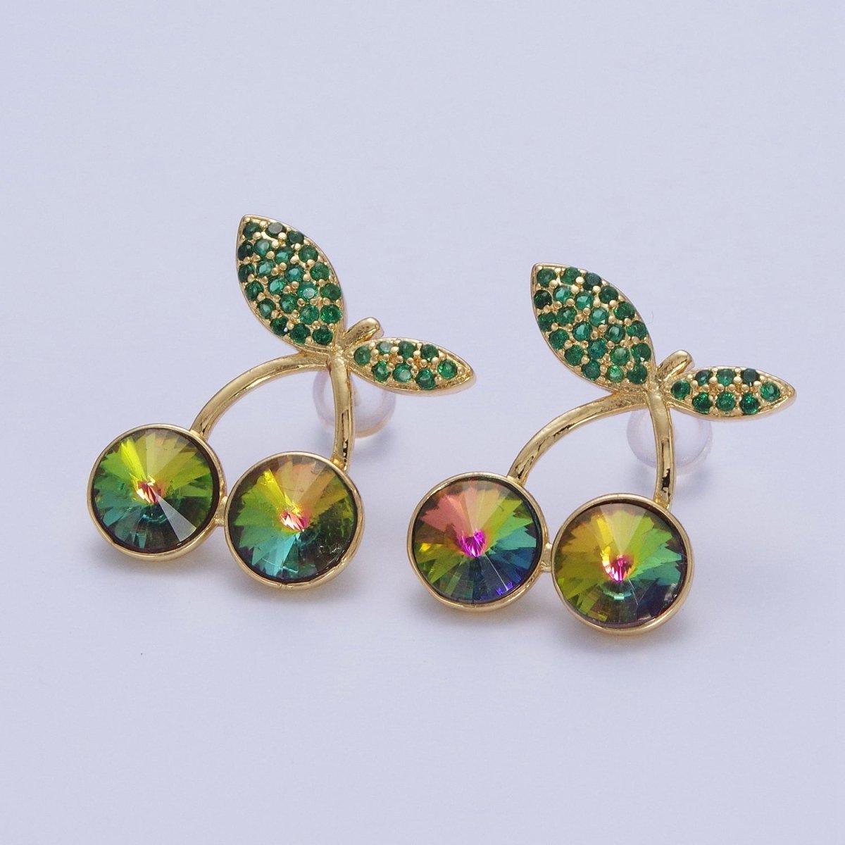 24K Gold Filled Micro Paved Cubic Zirconia Cherry Fruit Stud Earrings  P-411-P-413