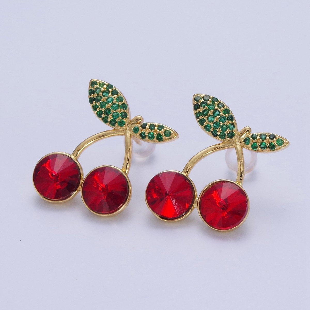 24K Gold Filled Micro Paved Cubic Zirconia Cherry Fruit Stud Earrings  P-411-P-413