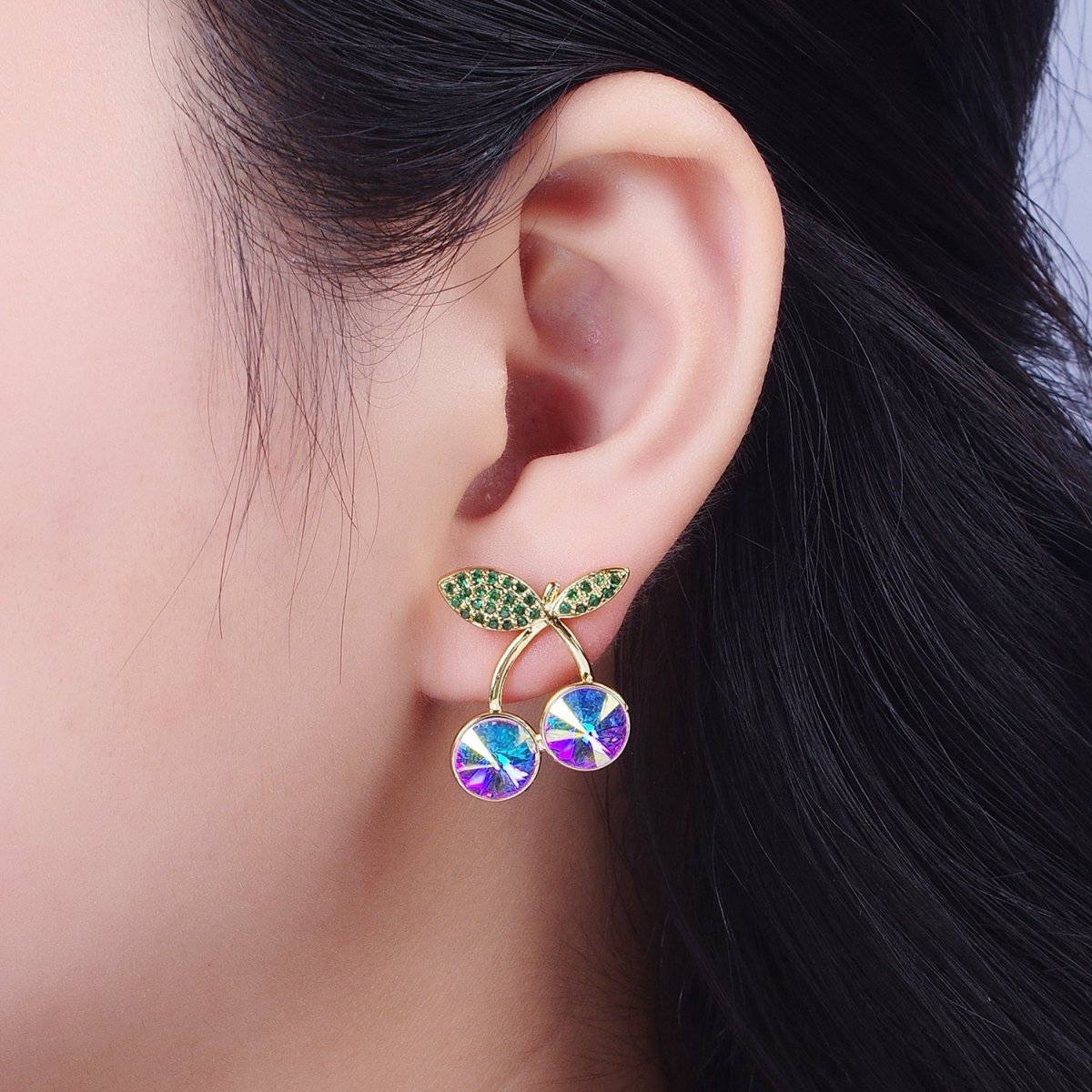 24K Gold Filled Micro Paved Cubic Zirconia Cherry Fruit Stud Earrings  P-411-P-413