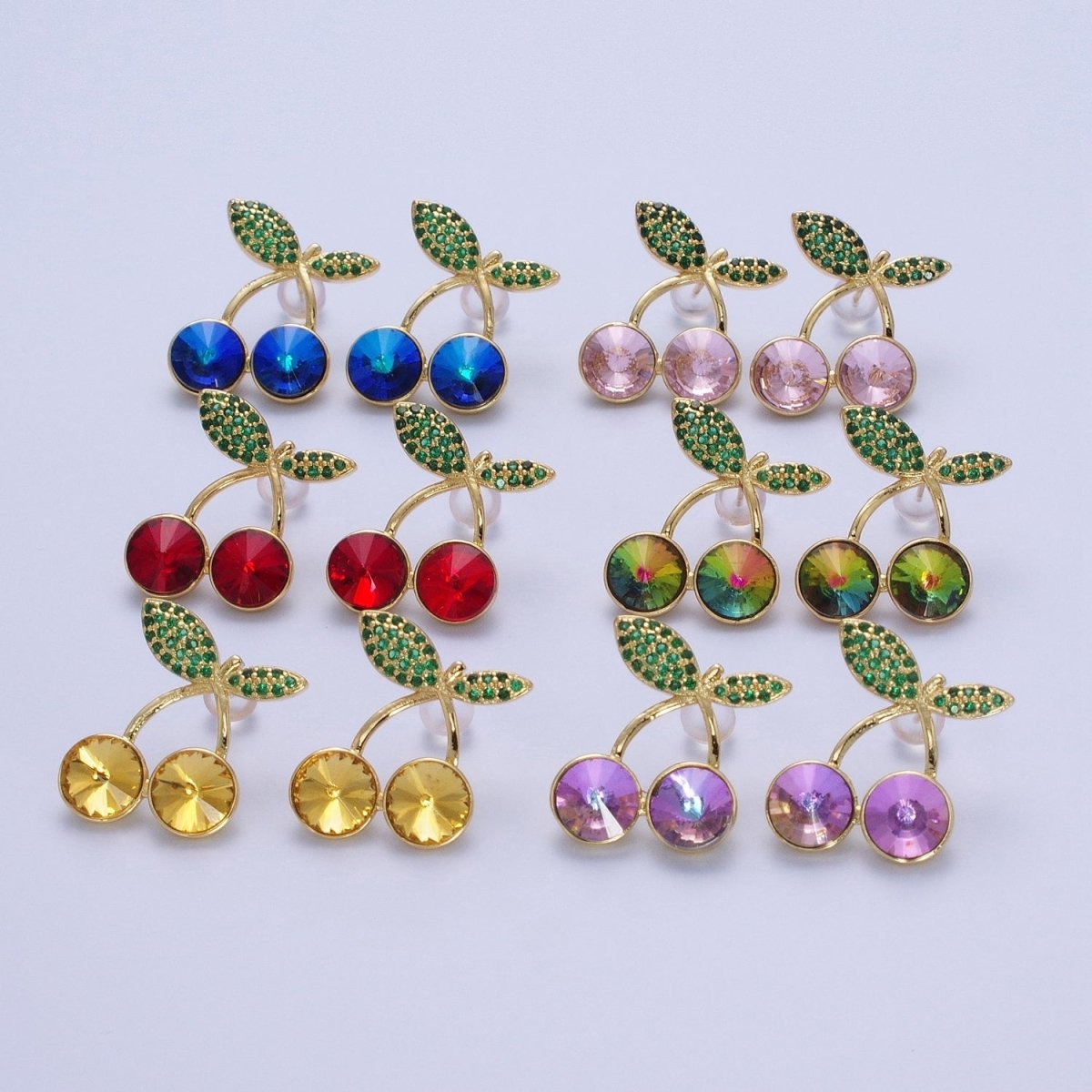 24K Gold Filled Micro Paved Cubic Zirconia Cherry Fruit Stud Earrings  P-411-P-413