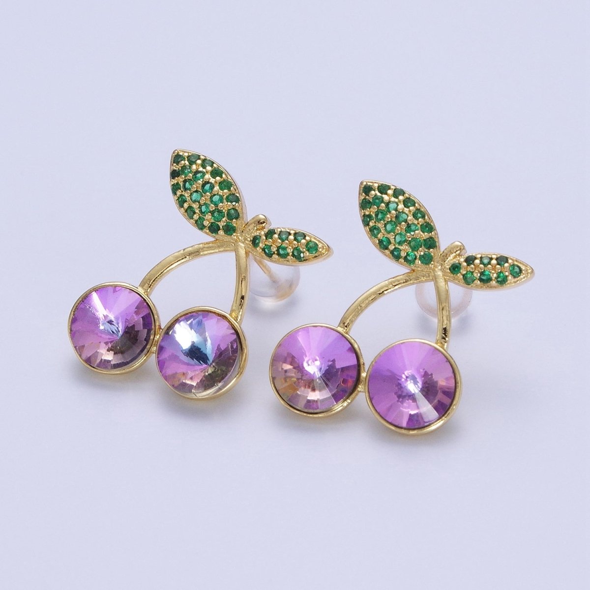 24K Gold Filled Micro Paved Cubic Zirconia Cherry Fruit Stud Earrings  P-411-P-413