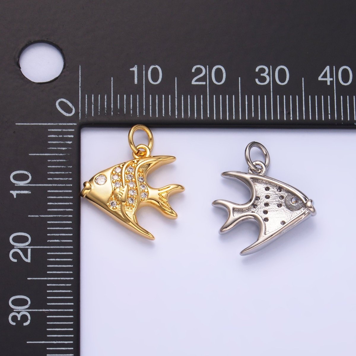 24K Gold Filled Micro Paved CZ Angel Fish Charm in Gold & Silver | W442