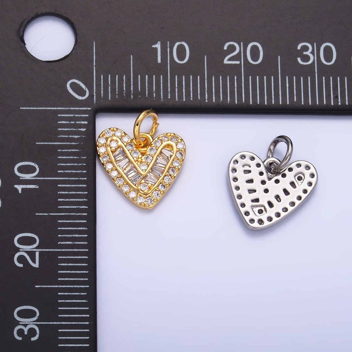 24K Gold Filled Micro Paved CZ Baguette Heart Charm in Gold & Silver | W446