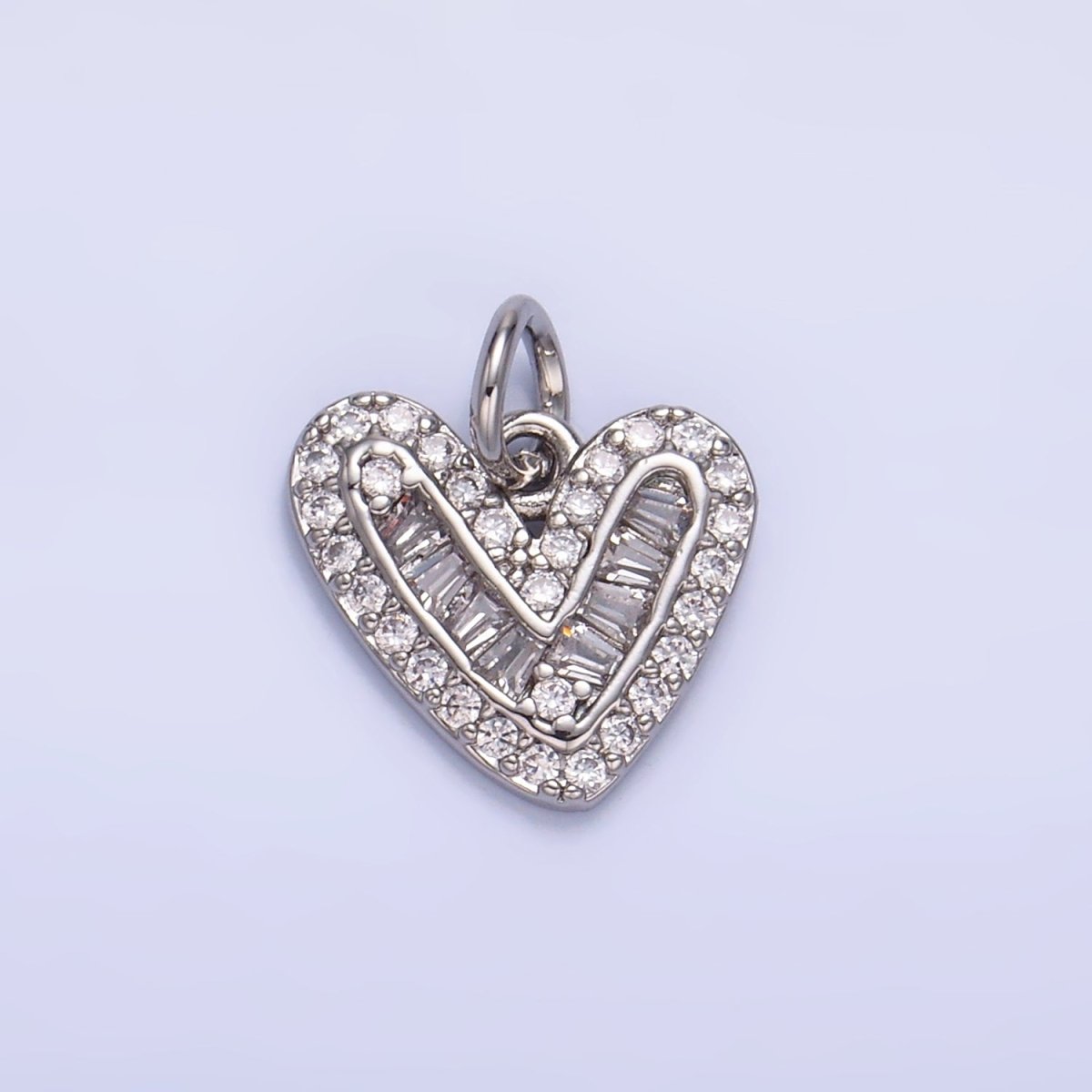 24K Gold Filled Micro Paved CZ Baguette Heart Charm in Gold & Silver | W446