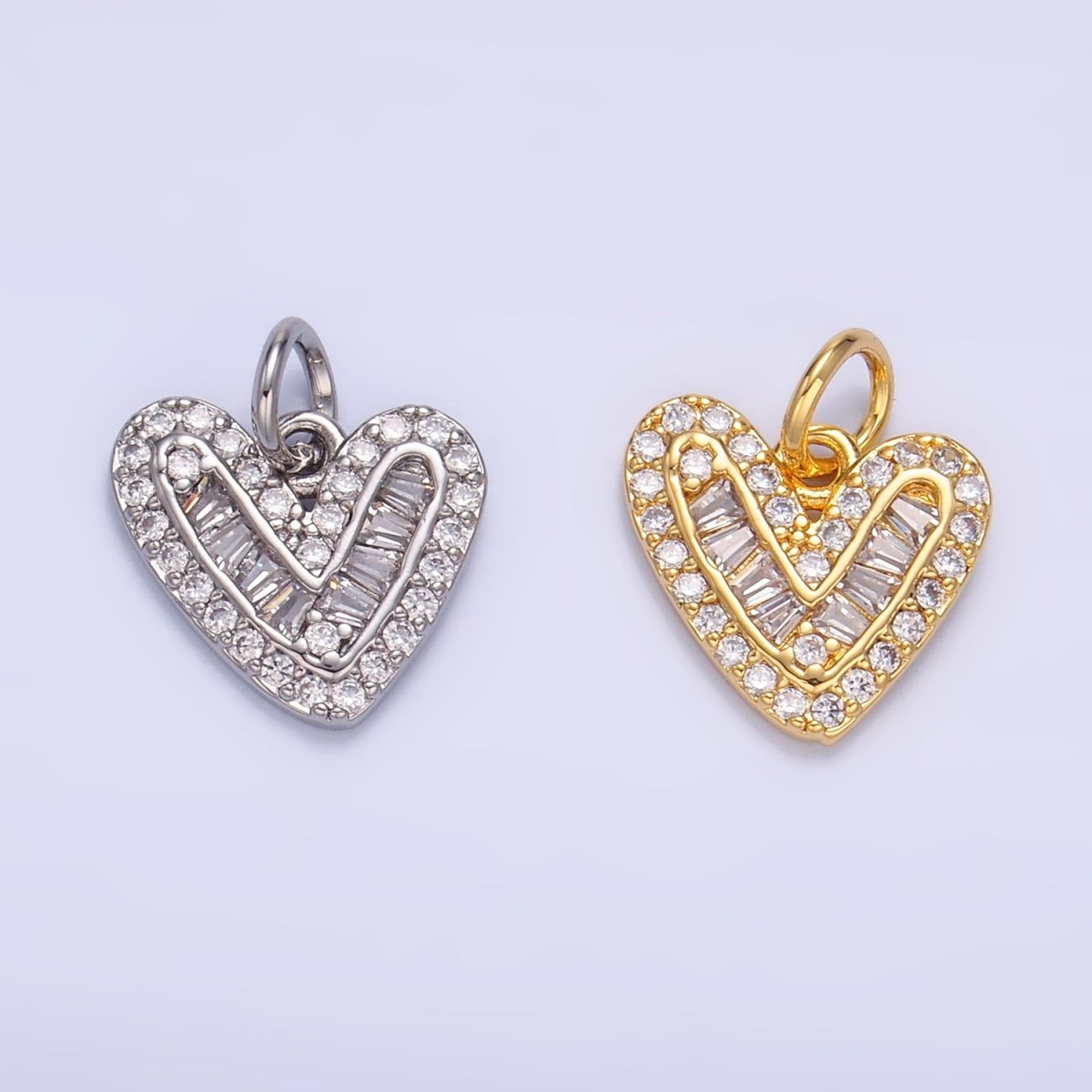 24K Gold Filled Micro Paved CZ Baguette Heart Charm in Gold & Silver | W446