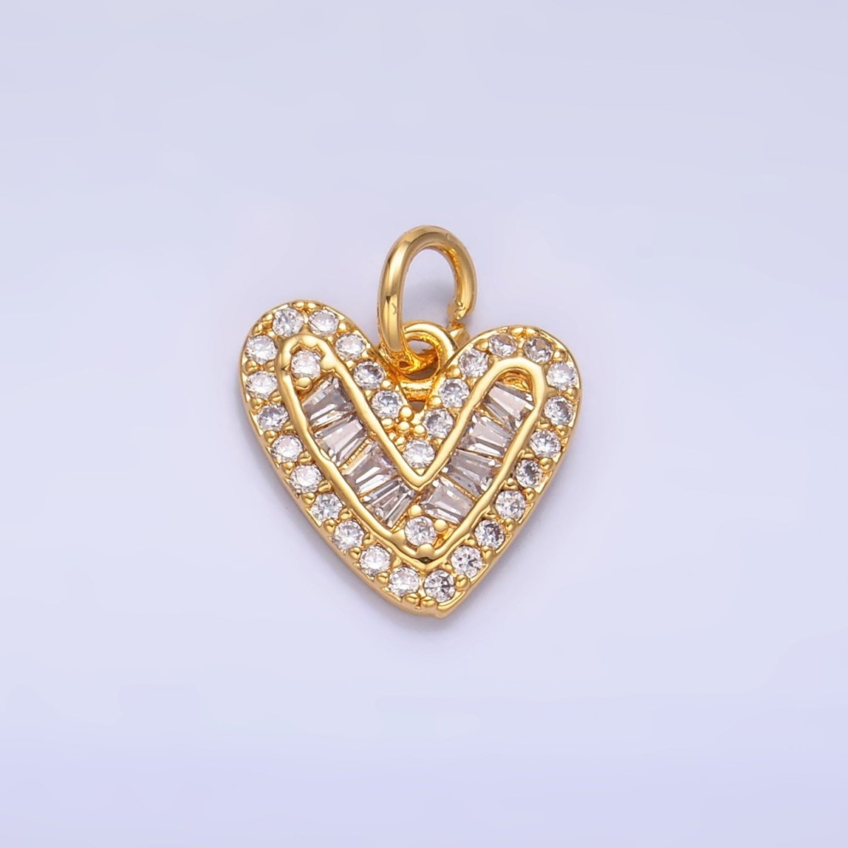 24K Gold Filled Micro Paved CZ Baguette Heart Charm in Gold & Silver | W446