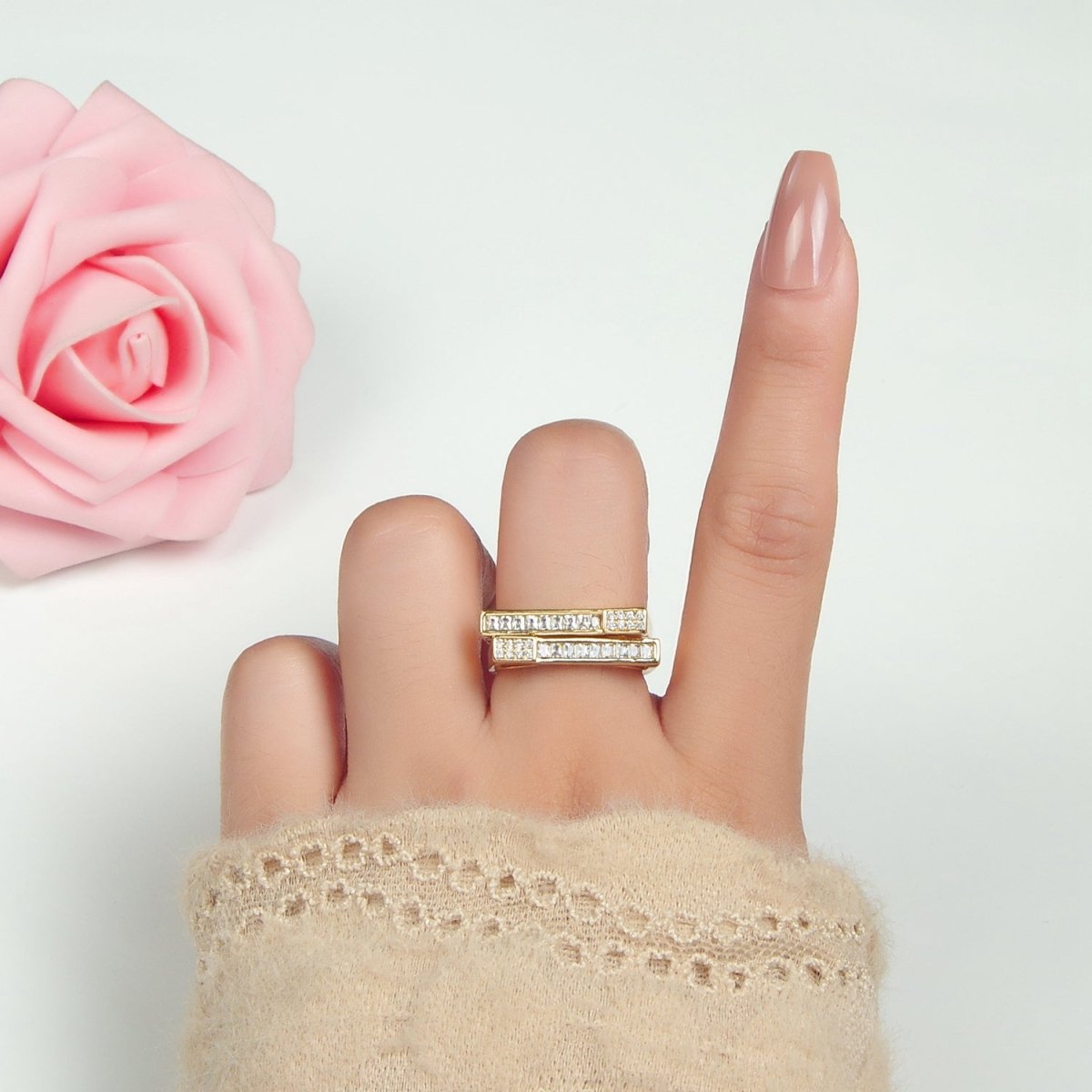 24k Gold Filled Micro Paved CZ Bar Double Band Adjustable Ring | O - 1414 - DLUXCA