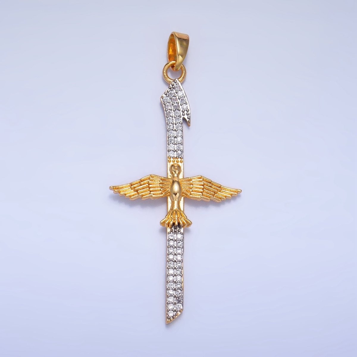 24K Gold Filled Micro Paved CZ Bird Cross Mixed Metal Pendant | AA1009 - DLUXCA