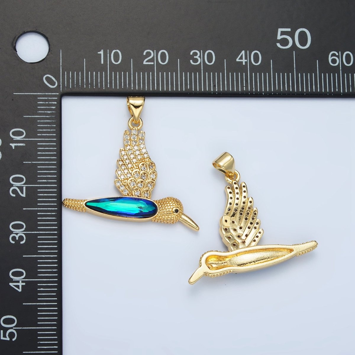 24K Gold Filled Micro Paved CZ Blue Humming Bird Pendant | AA - 905 - DLUXCA