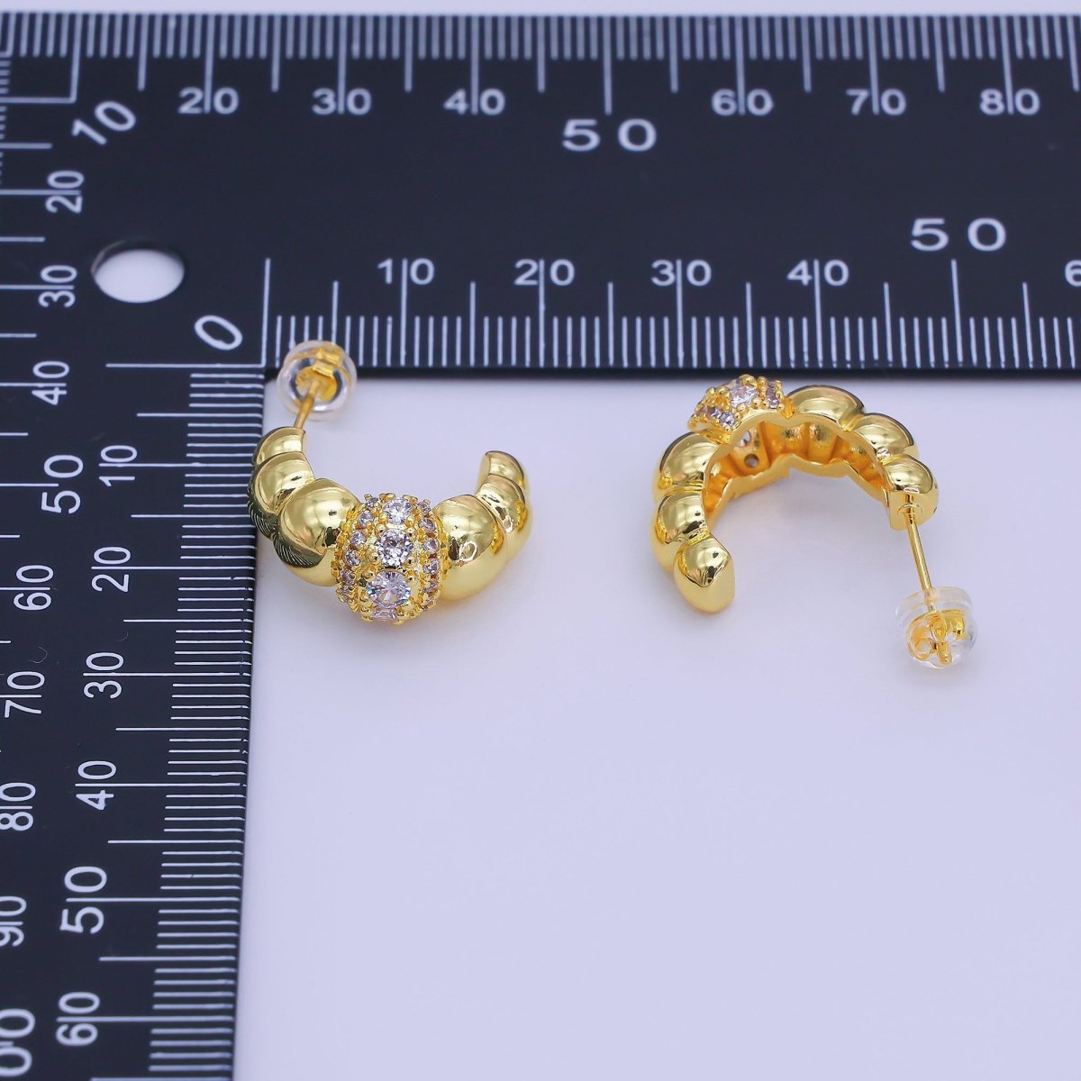 24K Gold Filled Micro Paved CZ Bubble Beaded C - Shaped Hoop Earrings | AI504 - DLUXCA