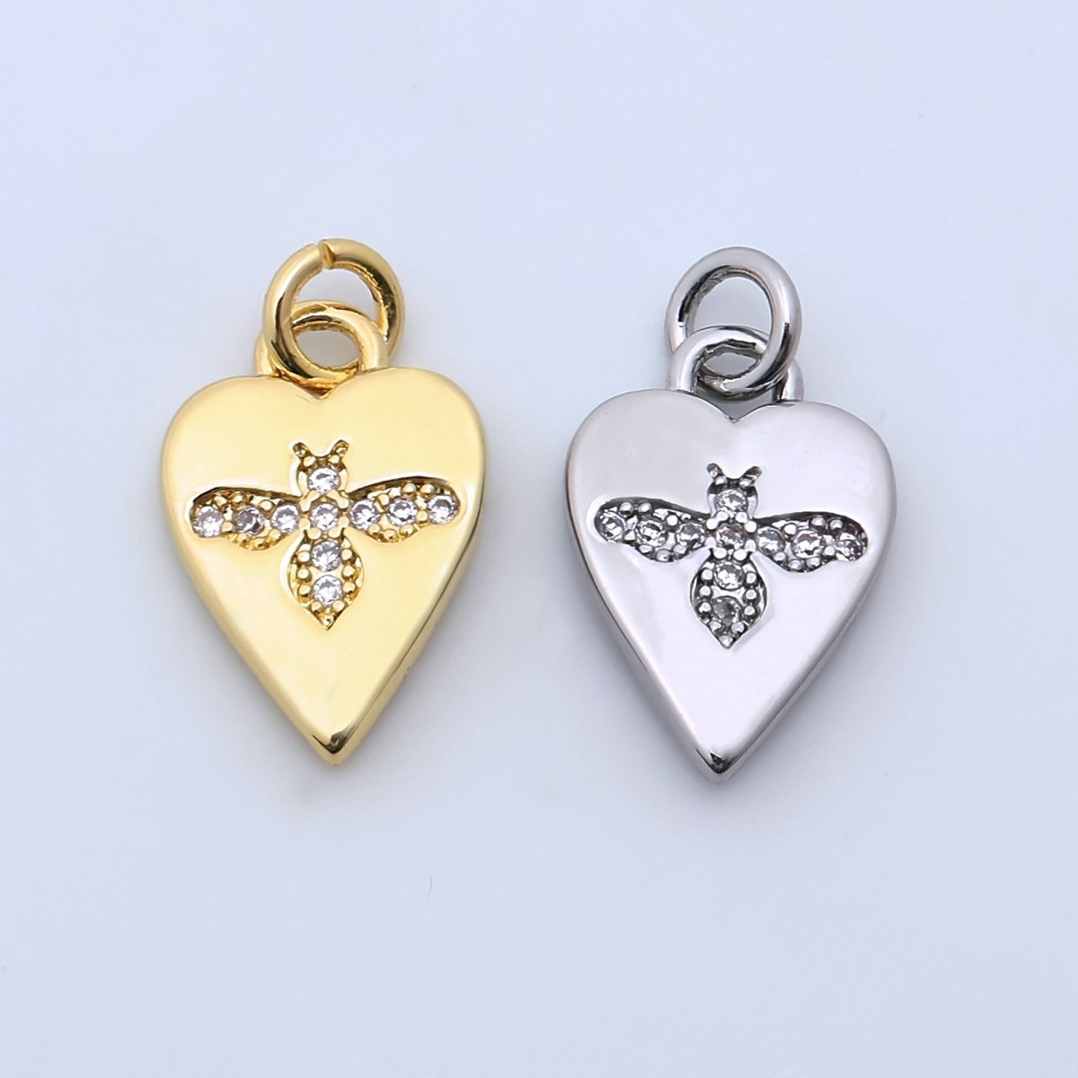 24K Gold Filled Micro Paved CZ Bumble Bee Heart Charm in Gold & Silver | M184