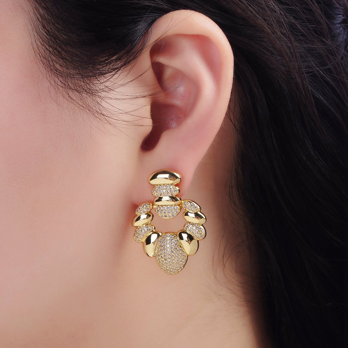 24K Gold Filled Micro Paved CZ Croissant Geometric Drop Stud Earrings | Q140 - DLUXCA
