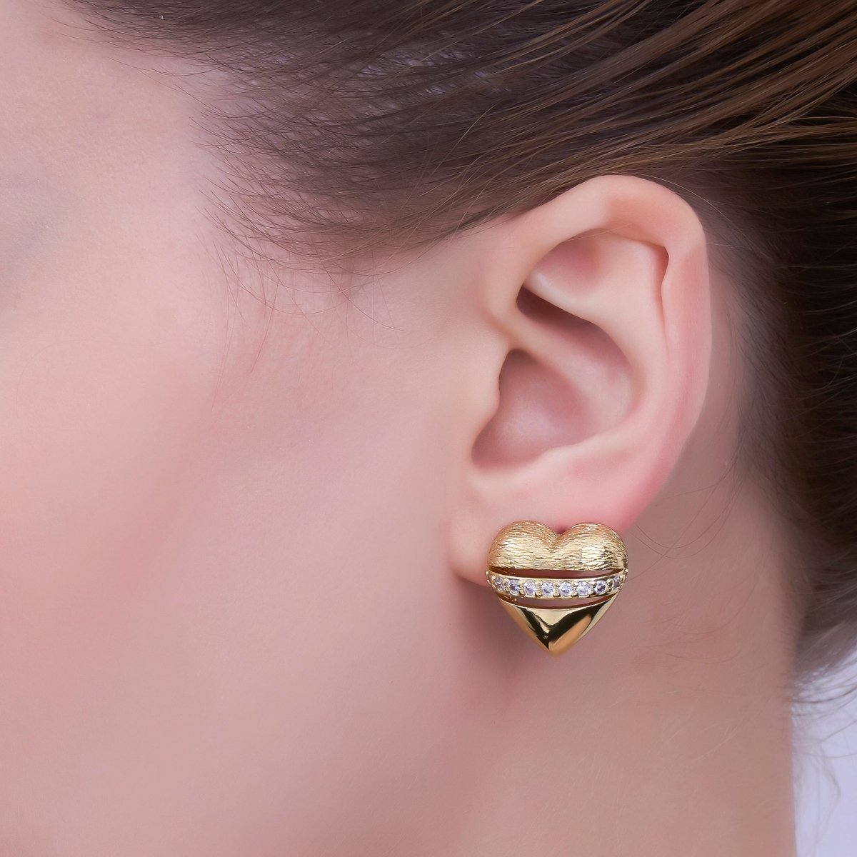 24K Gold Filled Micro Paved CZ Dome Lined Heart Stud Earrings | V154 - DLUXCA