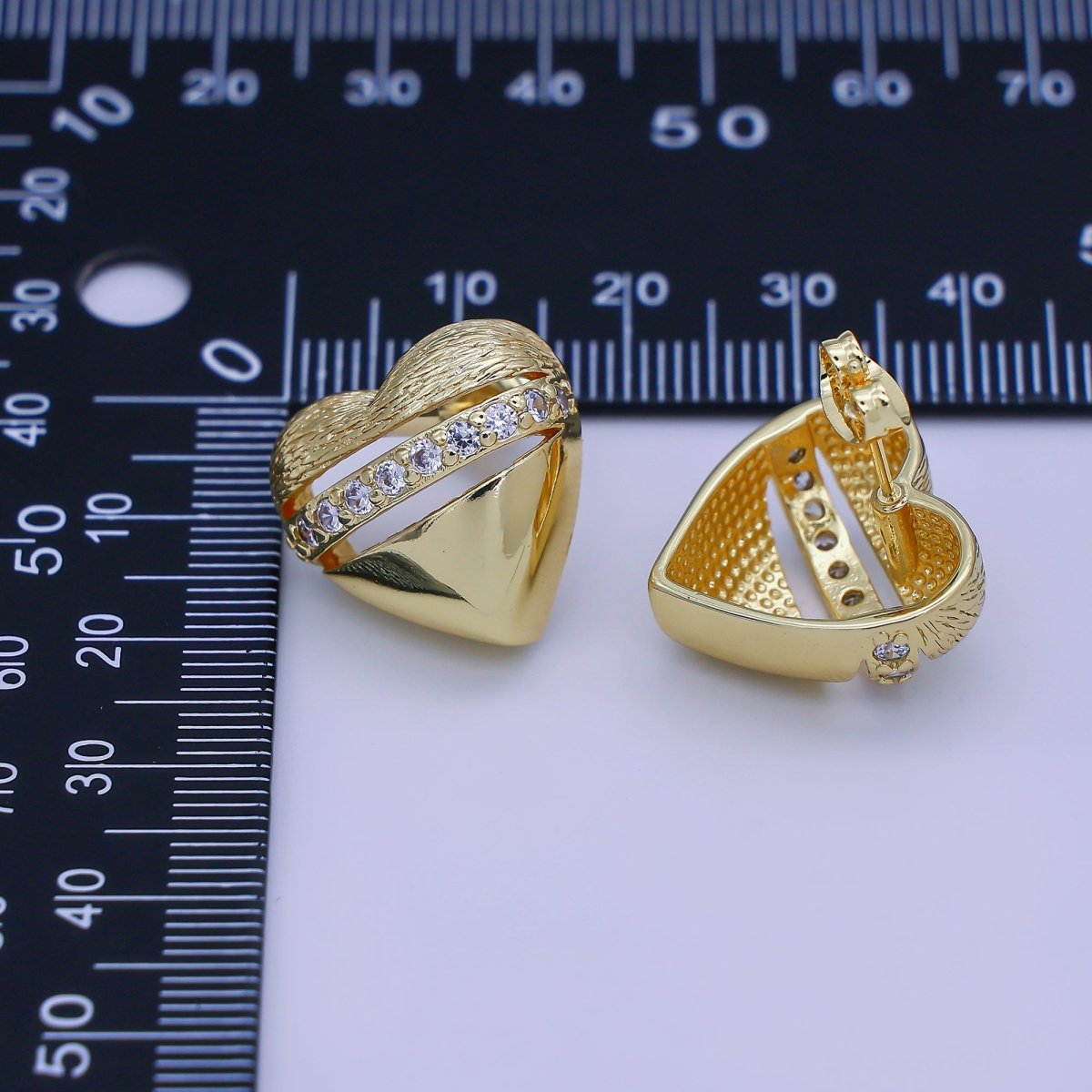 24K Gold Filled Micro Paved CZ Dome Lined Heart Stud Earrings | V154 - DLUXCA