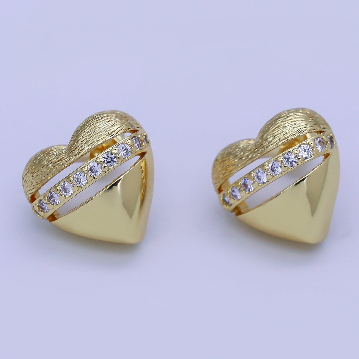 24K Gold Filled Micro Paved CZ Dome Lined Heart Stud Earrings | V154 - DLUXCA