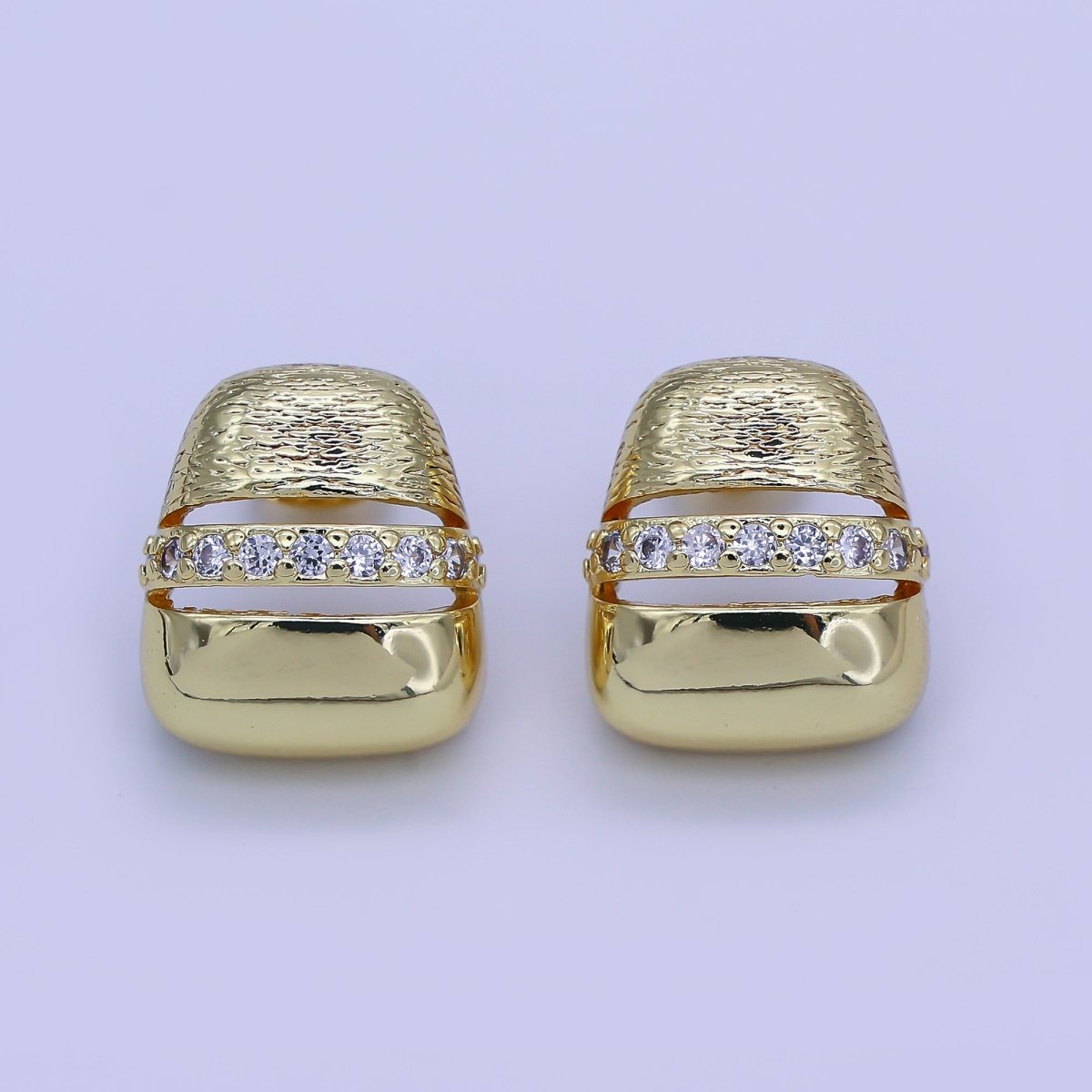 24K Gold Filled Micro Paved CZ Dome Lined Rectangular Stud Earrings | V275 - DLUXCA