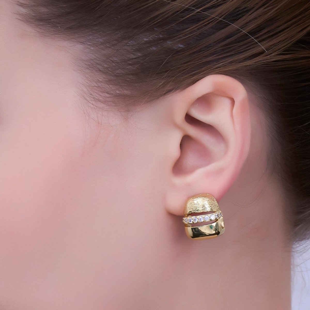 24K Gold Filled Micro Paved CZ Dome Lined Rectangular Stud Earrings | V275 - DLUXCA