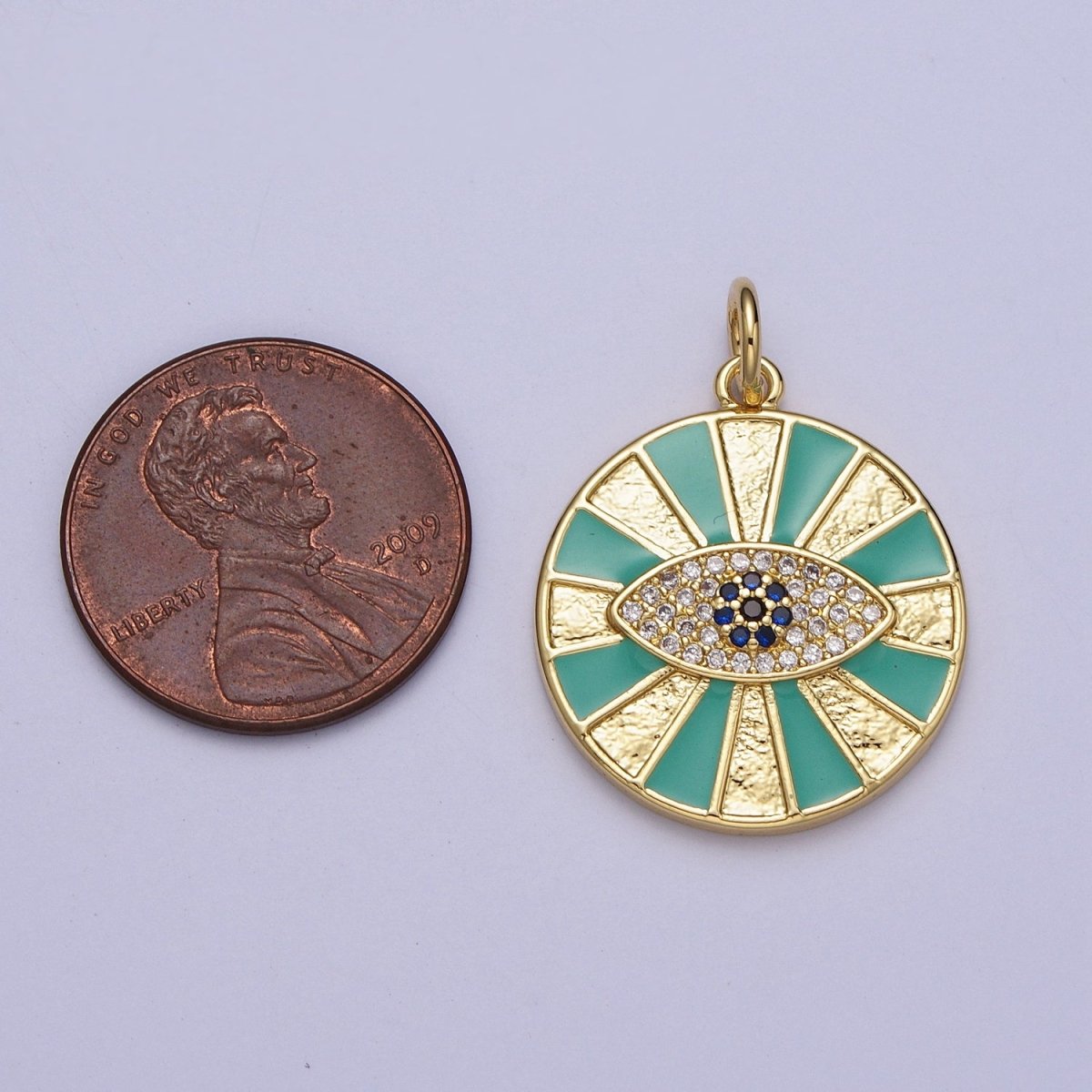 24K Gold Filled Micro Paved CZ Evil Eye Teal Enamel Round Coin Charm E-434