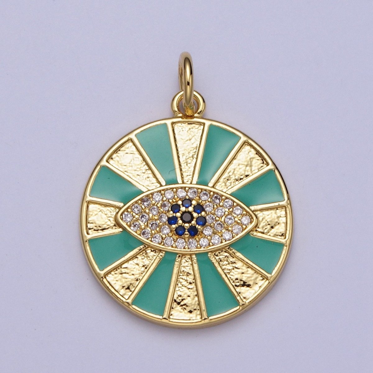 24K Gold Filled Micro Paved CZ Evil Eye Teal Enamel Round Coin Charm E-434