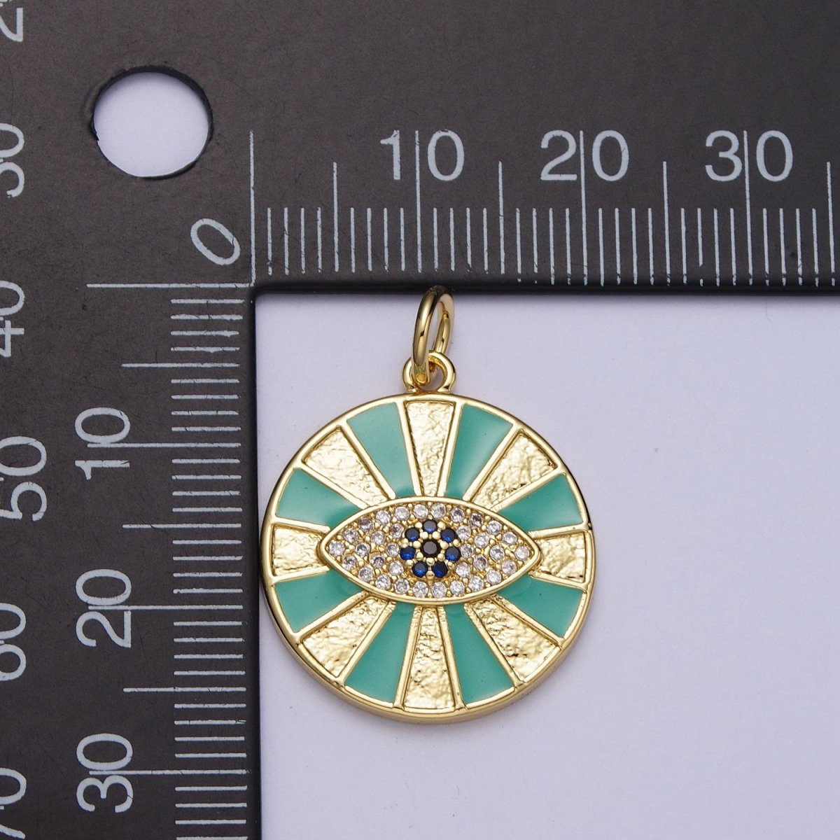 24K Gold Filled Micro Paved CZ Evil Eye Teal Enamel Round Coin Charm E-434