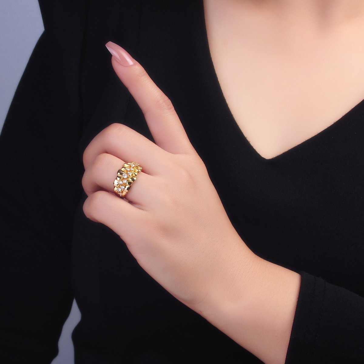 24K Gold Filled Micro Paved CZ Foil Fold Ring in Gold & Silver | O443 O444
