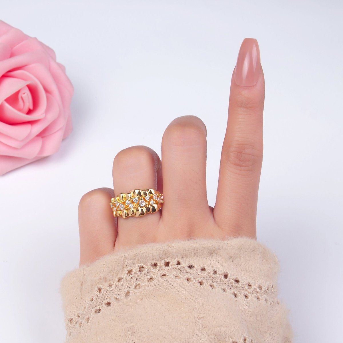 24K Gold Filled Micro Paved CZ Foil Fold Ring in Gold & Silver | O443 O444