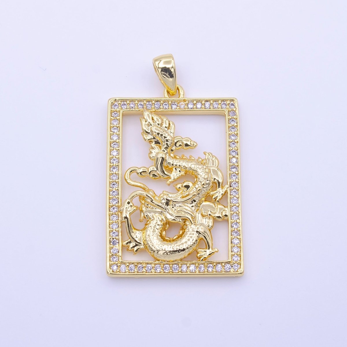 24K Gold Filled Micro Paved CZ Frame Gold Chinese Dragon Pendant | AA511 - DLUXCA