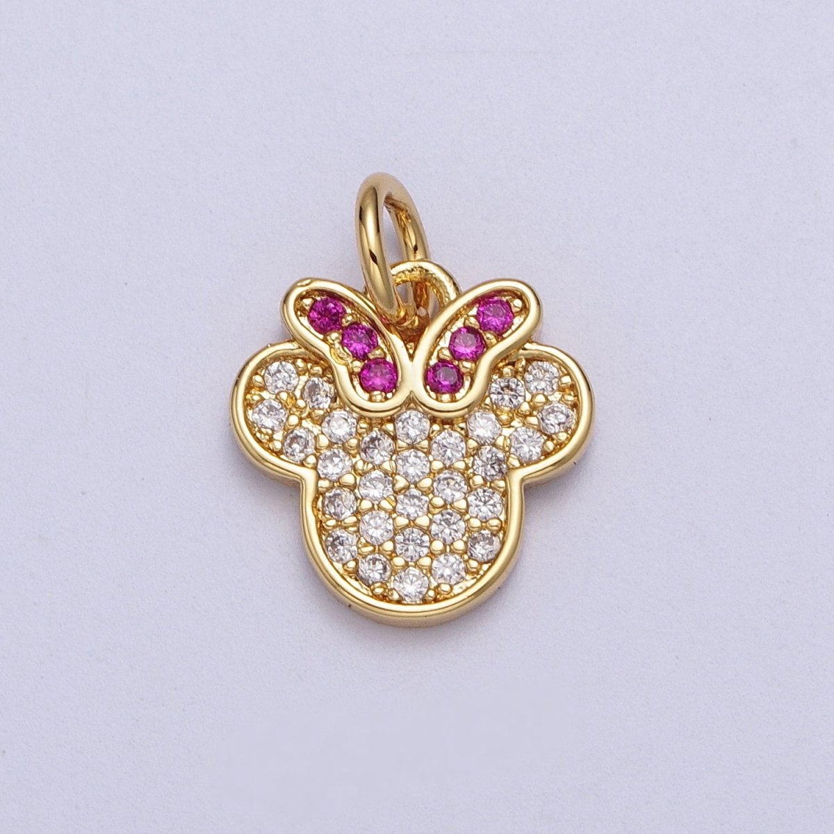 24K Gold Filled Micro Paved CZ Fuchsia-Bowed Mouse Kid's Charm | C-844 - DLUXCA