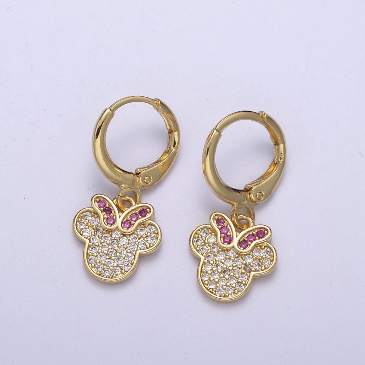OS 24K Gold Filled Micro Paved CZ Fuchsia-Bowed Mouse Kid's Huggie Earrings | T-268