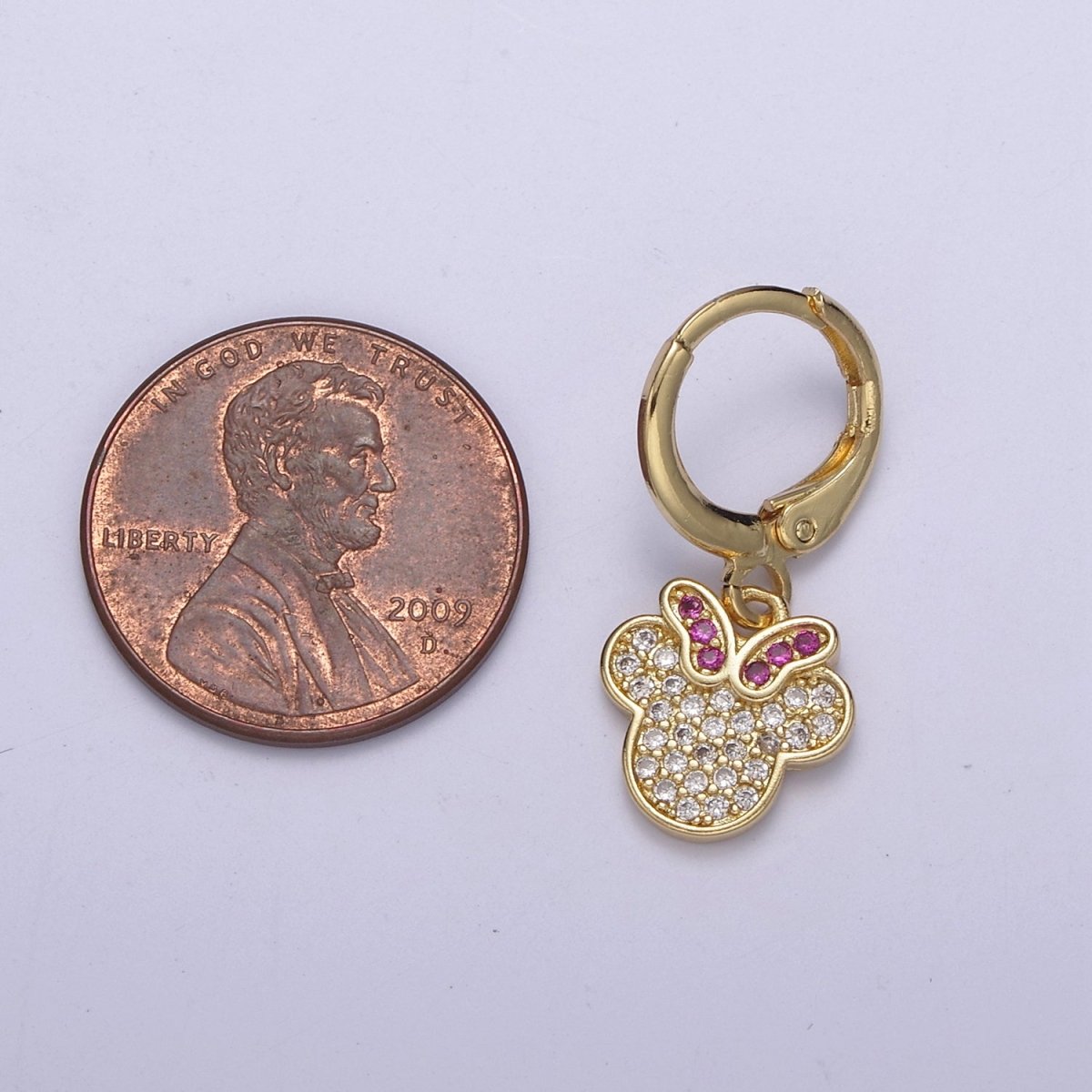 OS 24K Gold Filled Micro Paved CZ Fuchsia-Bowed Mouse Kid's Huggie Earrings | T-268