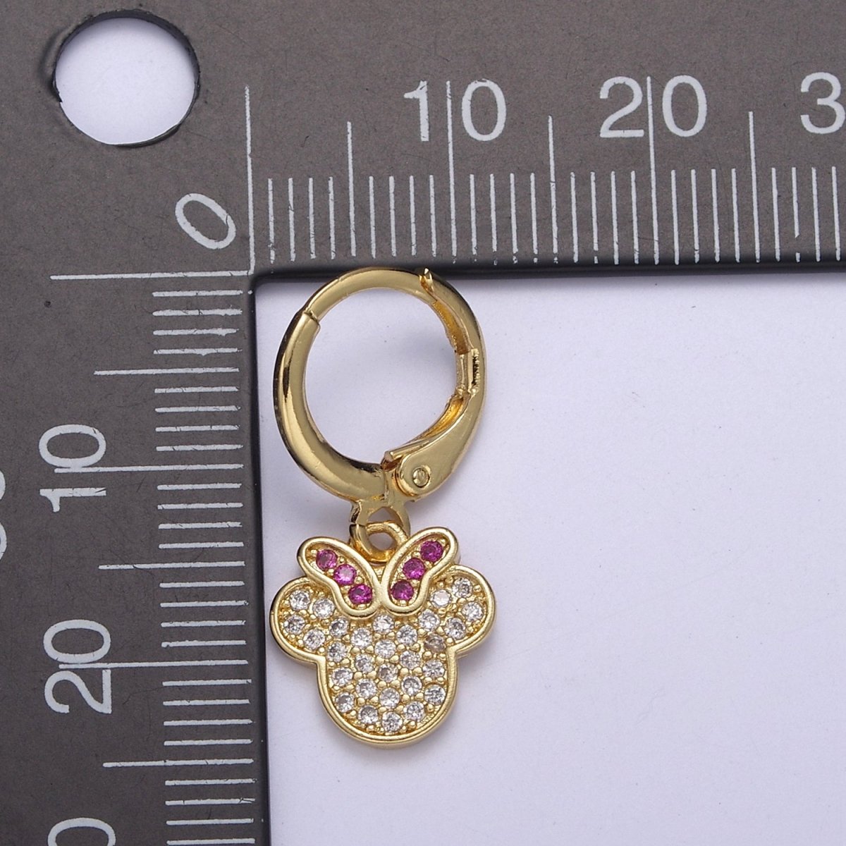 OS 24K Gold Filled Micro Paved CZ Fuchsia-Bowed Mouse Kid's Huggie Earrings | T-268