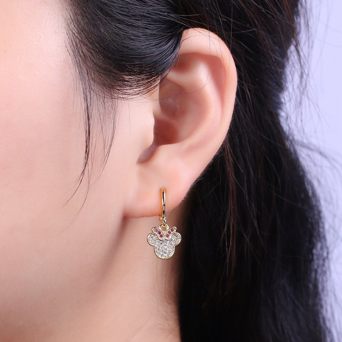 OS 24K Gold Filled Micro Paved CZ Fuchsia-Bowed Mouse Kid's Huggie Earrings | T-268