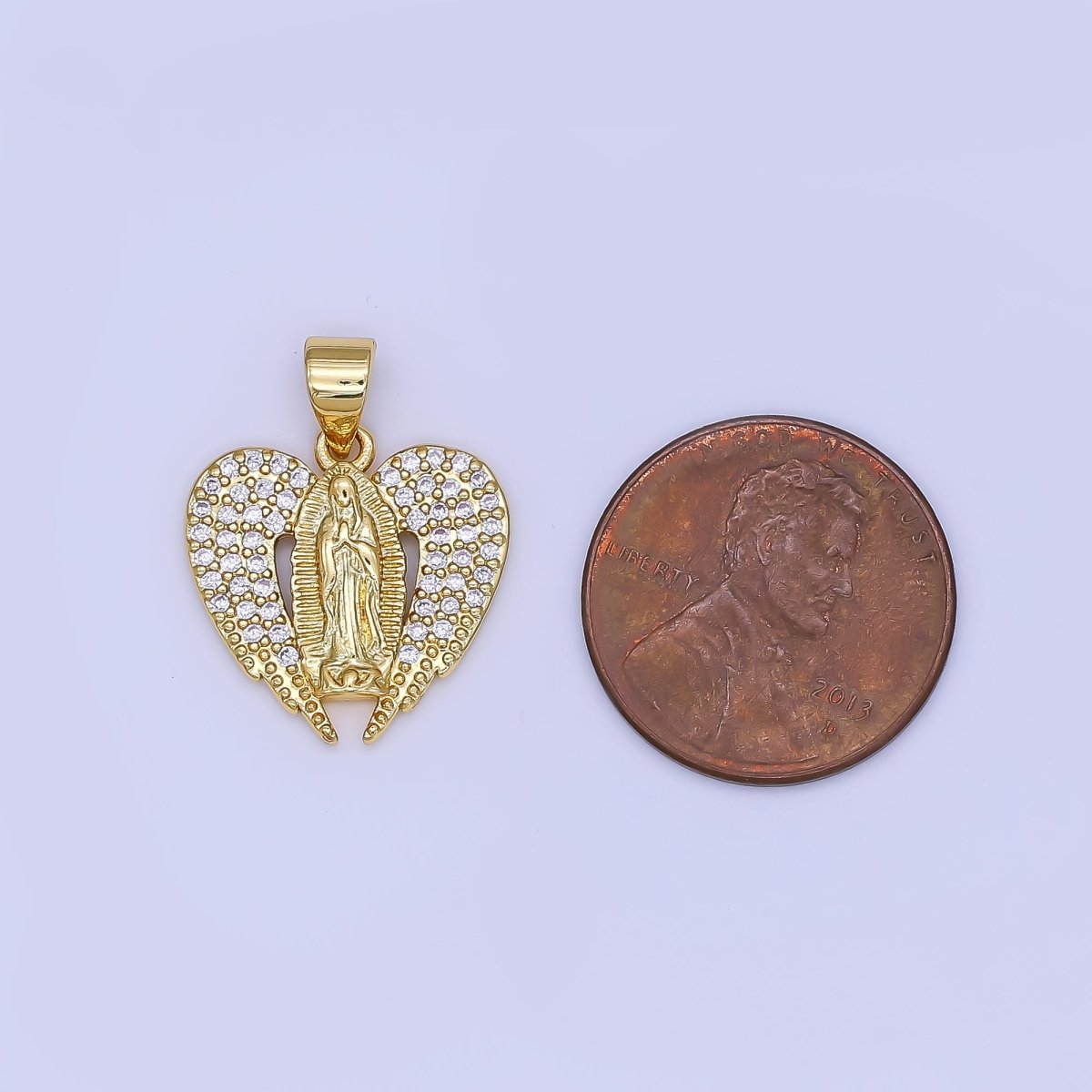 24K Gold Filled Micro Paved CZ Guadalupe Mary Wings Heart Pendant | AH451 - DLUXCA