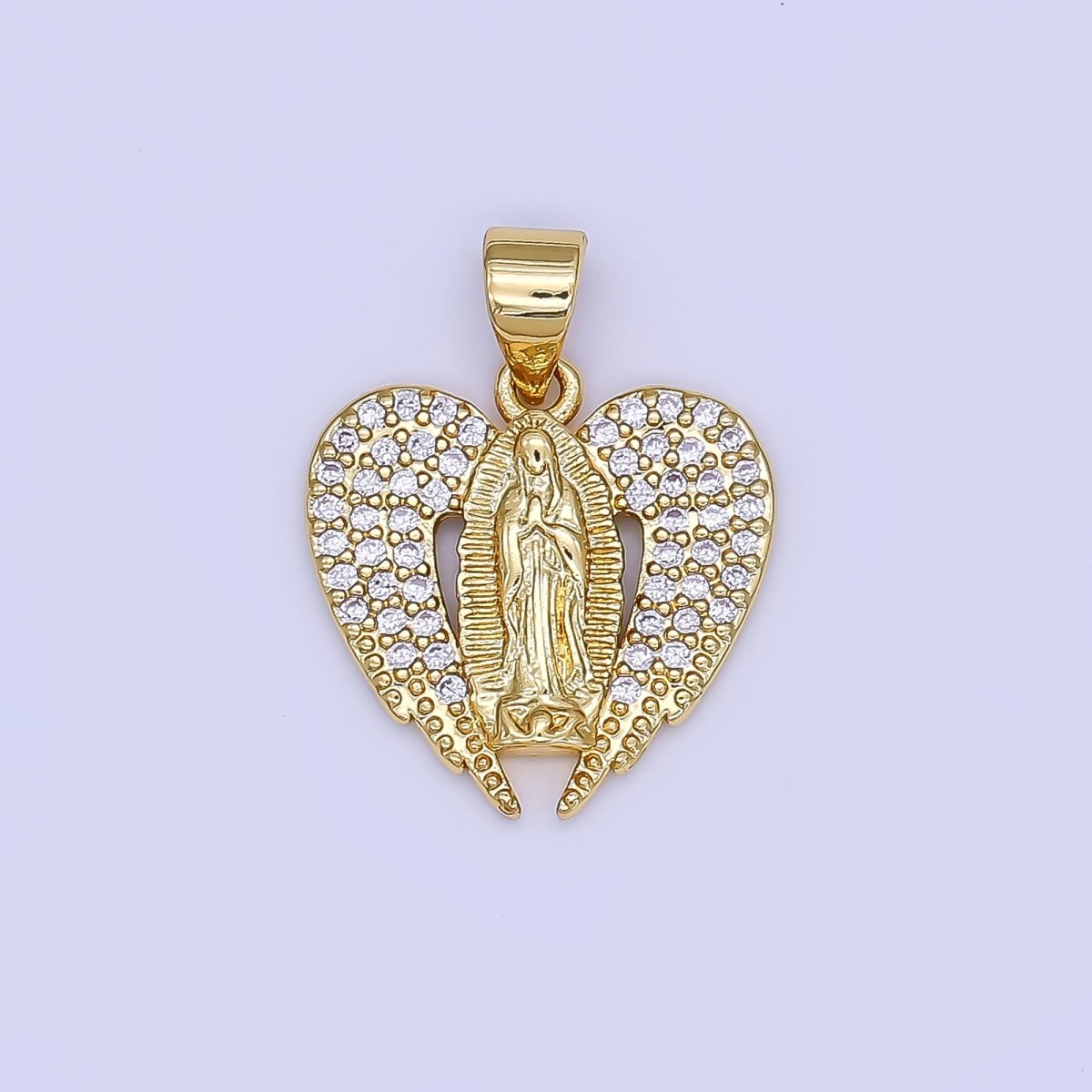 24K Gold Filled Micro Paved CZ Guadalupe Mary Wings Heart Pendant | AH451 - DLUXCA