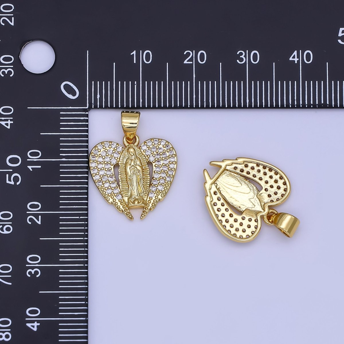 24K Gold Filled Micro Paved CZ Guadalupe Mary Wings Heart Pendant | AH451 - DLUXCA