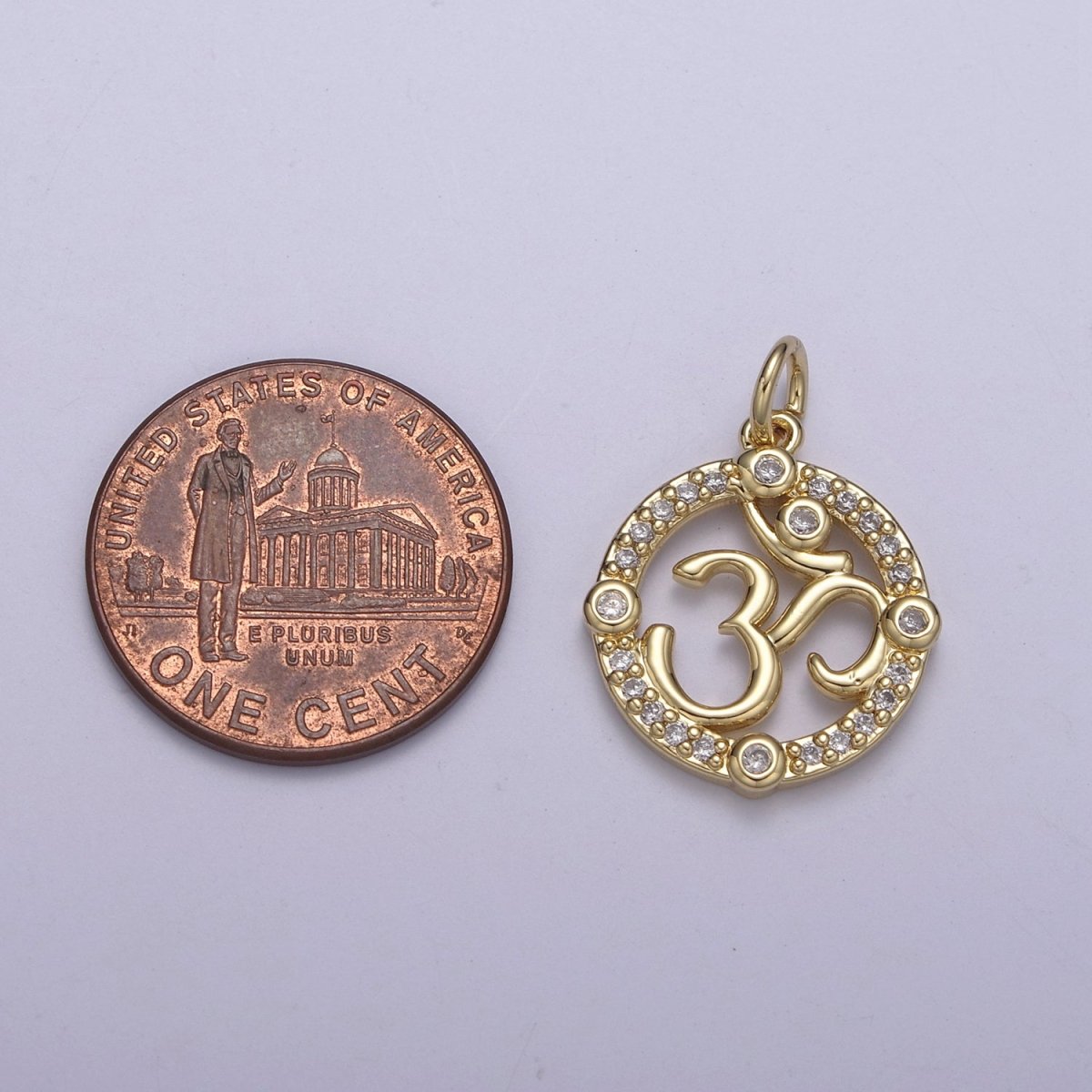 24K Gold Filled Micro Paved CZ Hindu Om Symbol Round Charm N-248 - DLUXCA