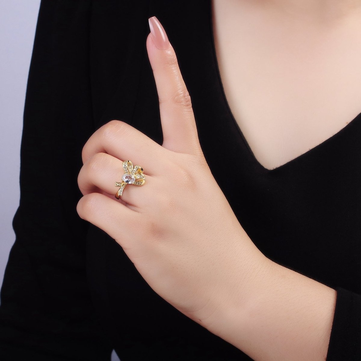 24K Gold Filled Micro Paved CZ Knot Ribbon Bow Ring in Gold & Silver | R402 R403