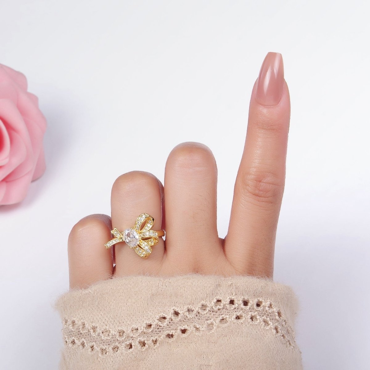 24K Gold Filled Micro Paved CZ Knot Ribbon Bow Ring in Gold & Silver | R402 R403