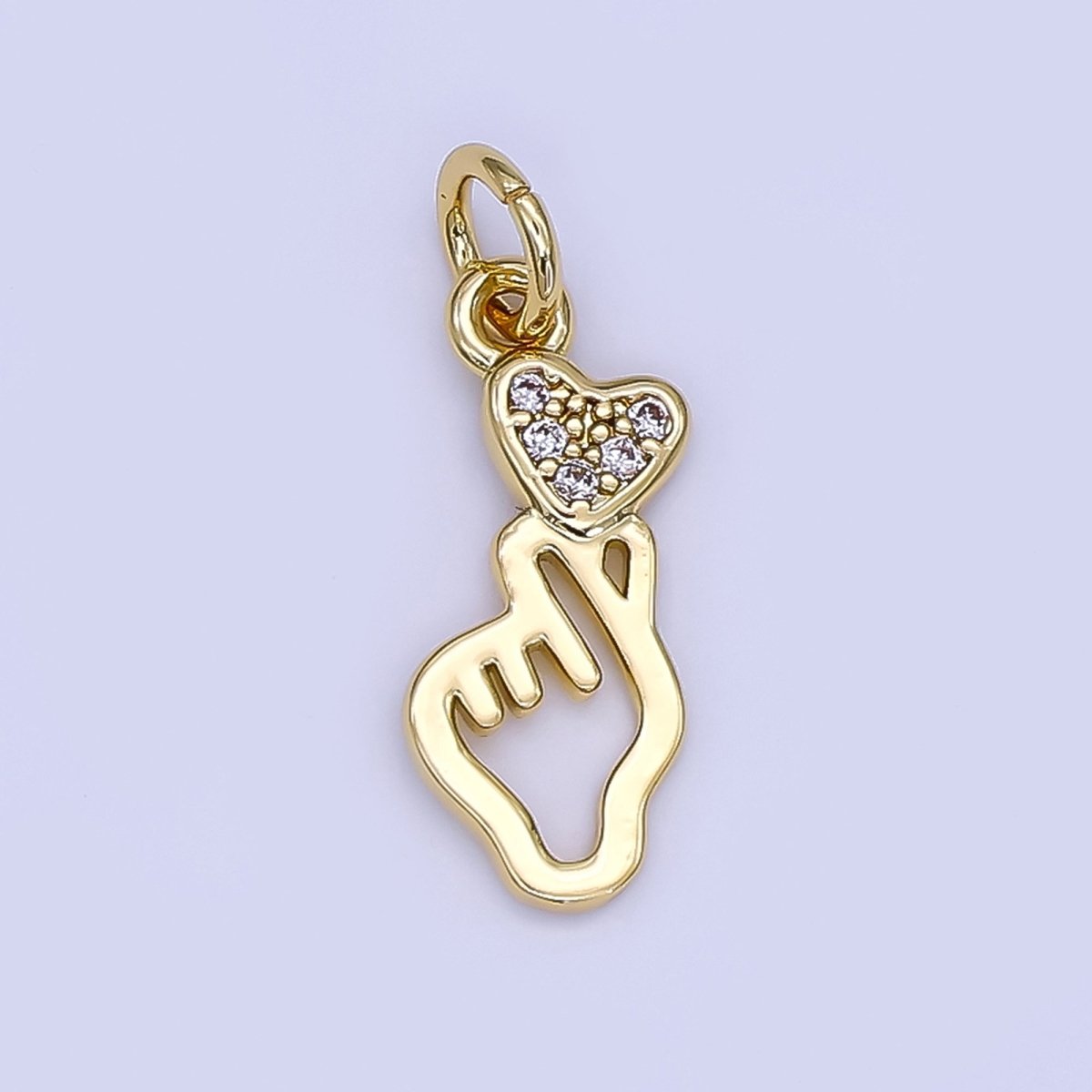 24K Gold Filled Micro Paved CZ Korean Love Heart Hand Gesture Charm | N1244 - DLUXCA