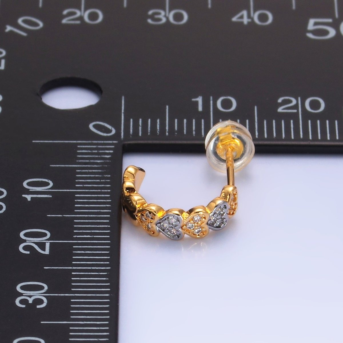 24K Gold Filled Micro Paved CZ Mixed Metal Heart C - Shaped Hoop Earrings | V307 - DLUXCA