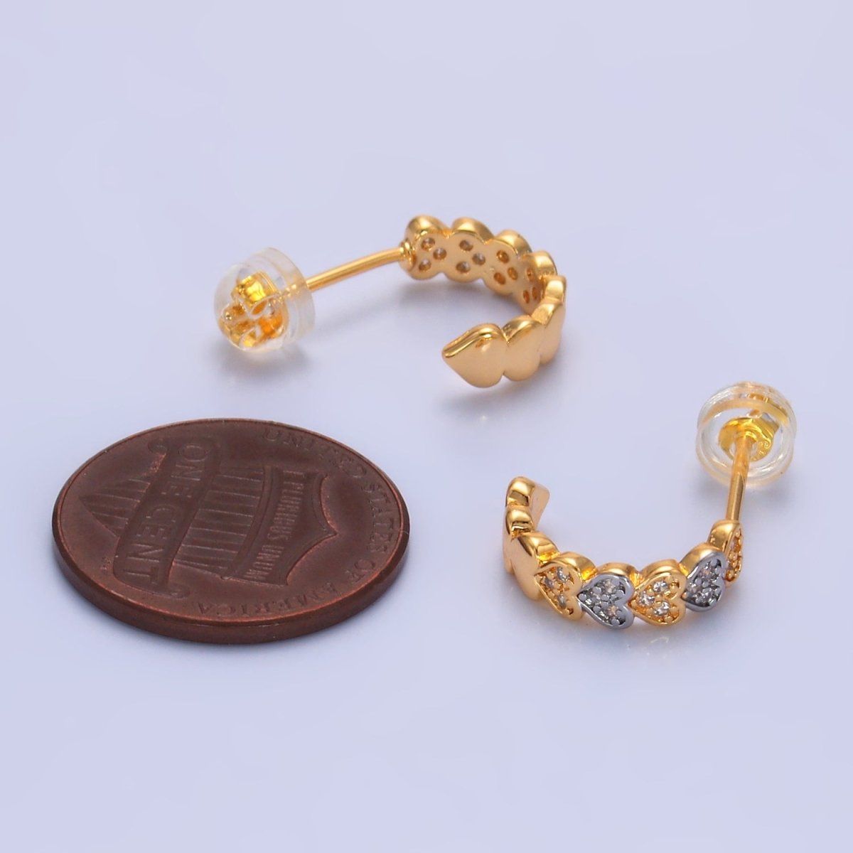 24K Gold Filled Micro Paved CZ Mixed Metal Heart C - Shaped Hoop Earrings | V307 - DLUXCA