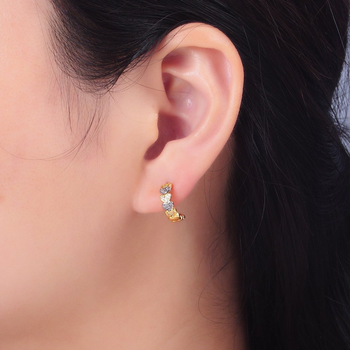 24K Gold Filled Micro Paved CZ Mixed Metal Heart C - Shaped Hoop Earrings | V307 - DLUXCA