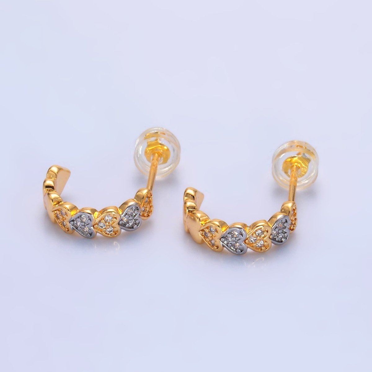 24K Gold Filled Micro Paved CZ Mixed Metal Heart C - Shaped Hoop Earrings | V307 - DLUXCA