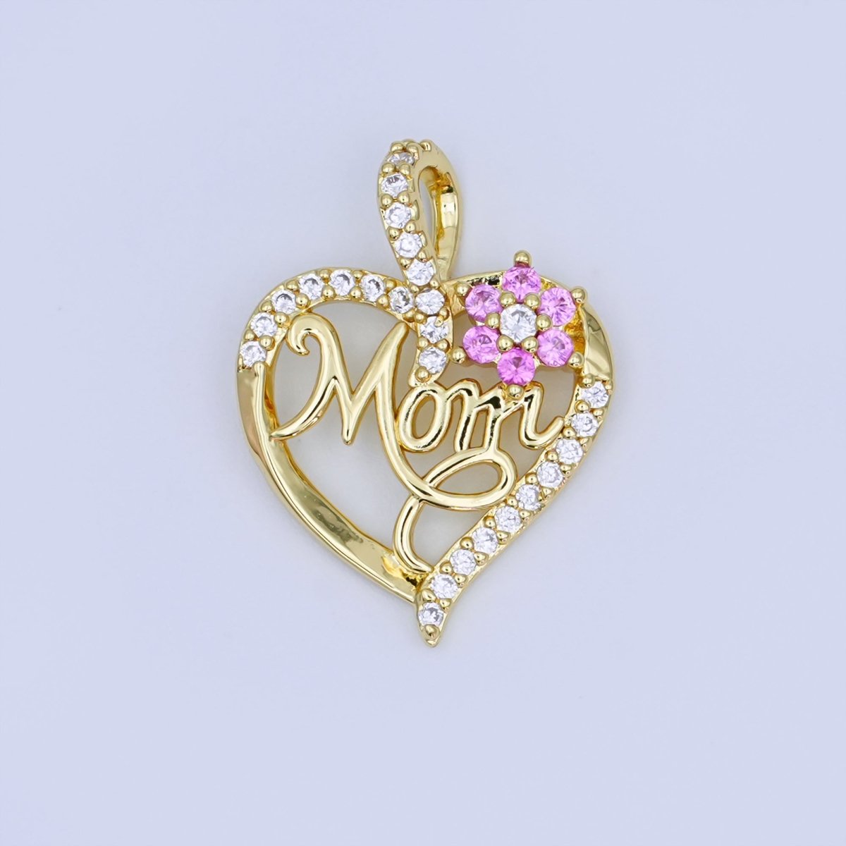 24K Gold Filled Micro Paved CZ "MOM" Cursive Flower Heart Open Pendant | AH430 - DLUXCA