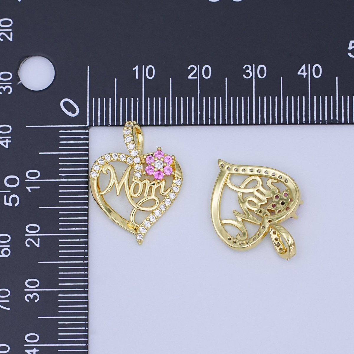 24K Gold Filled Micro Paved CZ "MOM" Cursive Flower Heart Open Pendant | AH430 - DLUXCA