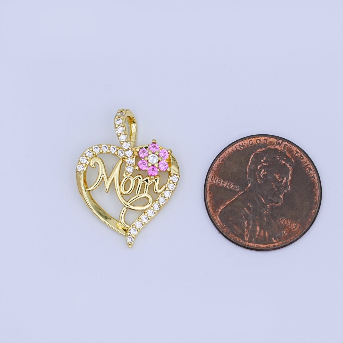 24K Gold Filled Micro Paved CZ "MOM" Cursive Flower Heart Open Pendant | AH430 - DLUXCA